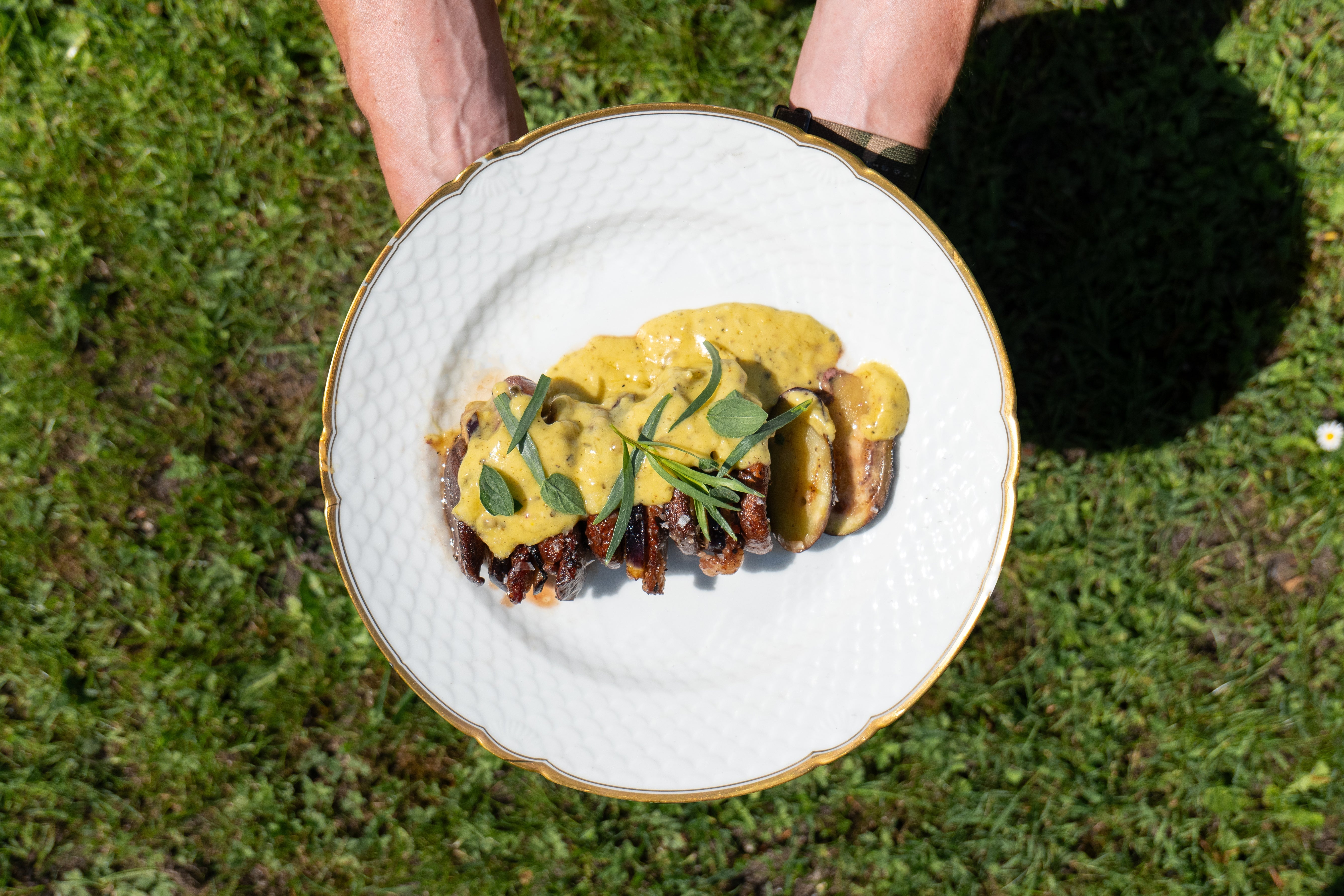 Grilled Duck Breast & Shiitake Skewers with Madagascar Pepper Hollandaise